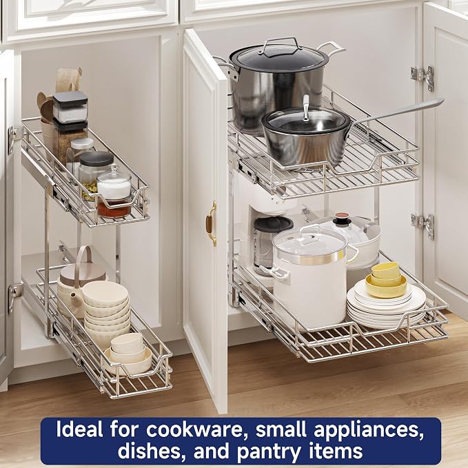 2-Tier Pull Out Cabinet Organizer, 9" W x 21.5" D, Heavy Duty Dual Slide Out Shelves for Narrow Base Cabinets, Chrome Wire Basket Drawer for Spices, Bottles & Snacks