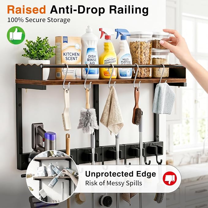 Broom Holder Wall Mount, Heavy Duty Broom and Mop Organizer Wall Hanging with Vacuum Stand, 5 Grippers & 10 Hooks, Utility Racks with Wood Shelf & Guard, Laundry Organization & Storage (S)