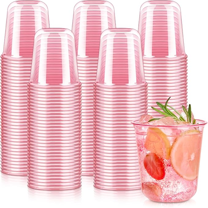 100 Pcs Pink Plastic Cups, 12oz Disposable Stemless Wine Glasses Pink Cocktail Party Cups for Graduation, Meeting, Wedding, Birthday Party