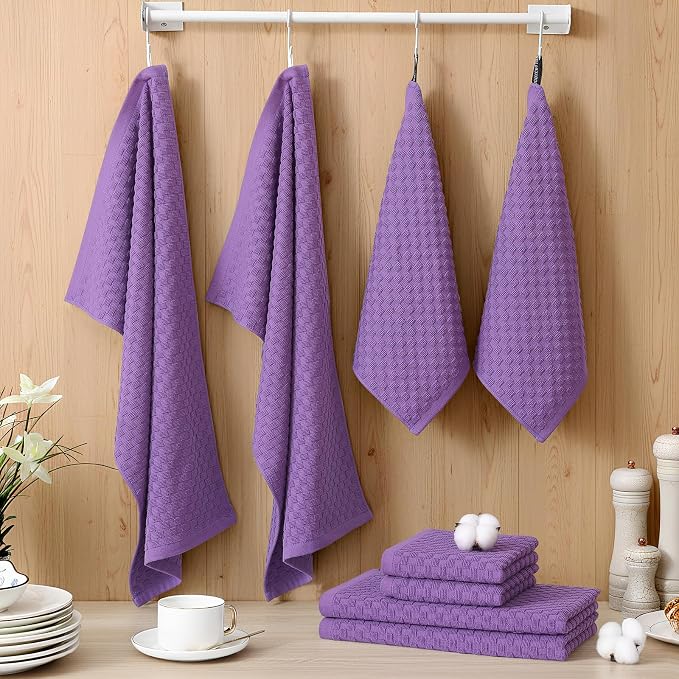 Homaxy 100% Cotton Kitchen Towels and Dishcloths Set, 12 x 12 & 15 x 25 Inches, Set of 8 Bulk Terry Cloth Dish Towels, Super Soft and Absorbent Hand Towel with Hanging Loop, Purple