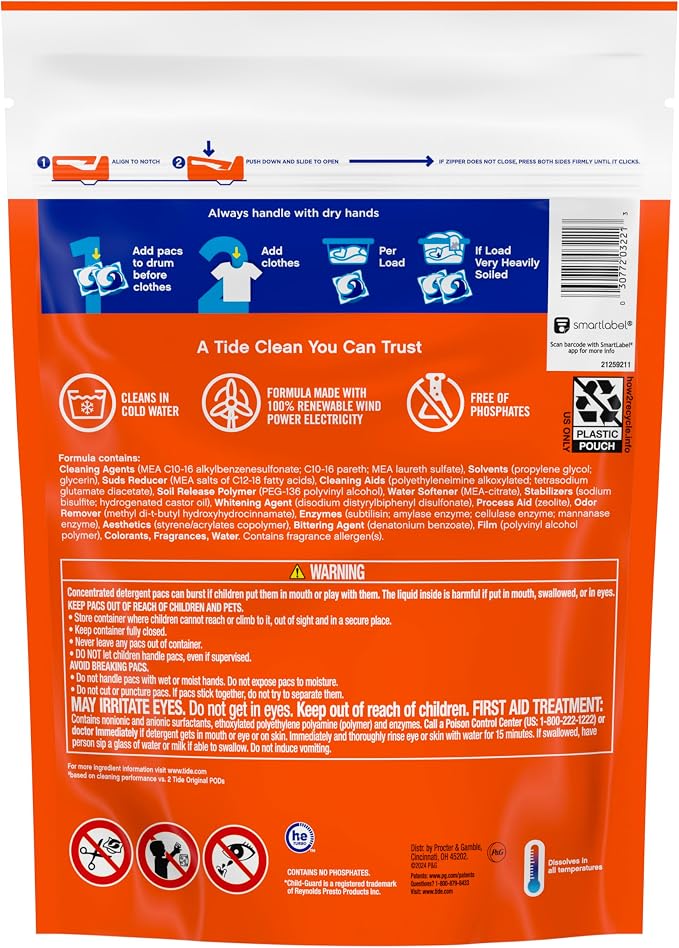 Tide Odor Defense + Oxi Laundry Detergent Pacs, Original Scent, 18 Count, Advanced Odor + Stain Fighter, laudry soap washing detergent pacs