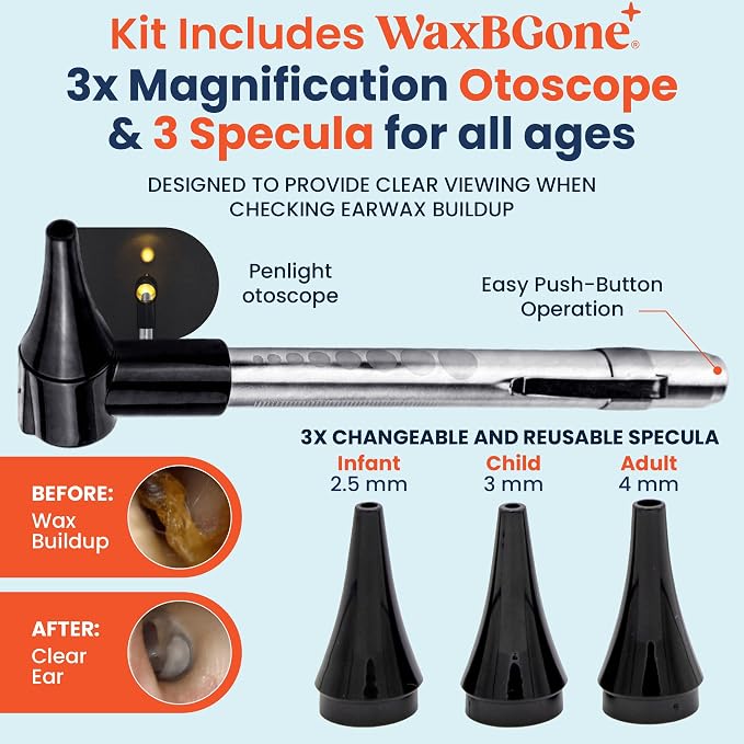 WaxBGone Ear Wax Removal Kit with SoftSpray Irrigation Tips, 4X High Output Sprayer & Ear Basin - Safe, Fast, Gentle Ear Cleaning Kit for Adults & Kids at Home - Premium Kit with Otoscope + Ear Drops