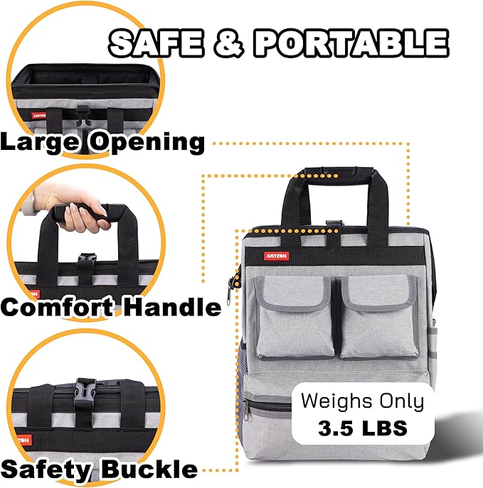 Backpack Tool Bag with Padded Back Support Heavy Duty Tool Kit Carrier Storage Bags for Electrician, Plumber, HVAC, Cable Repairman
