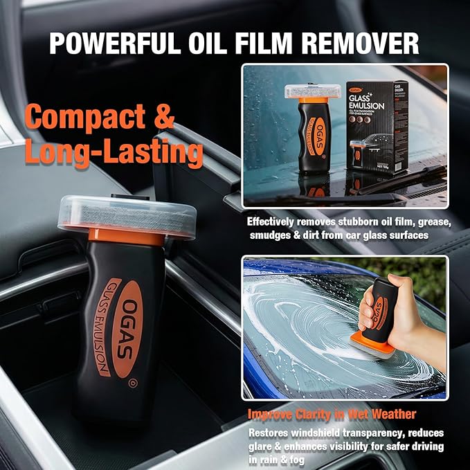Car Window Cleaner and Windshield Oil Film Remover with Built-in Applicator, Auto Glass Cleaner Emulsion for Water Spots, Rain Repellent and Anti-Fog, Streak Free Crystal Clear View