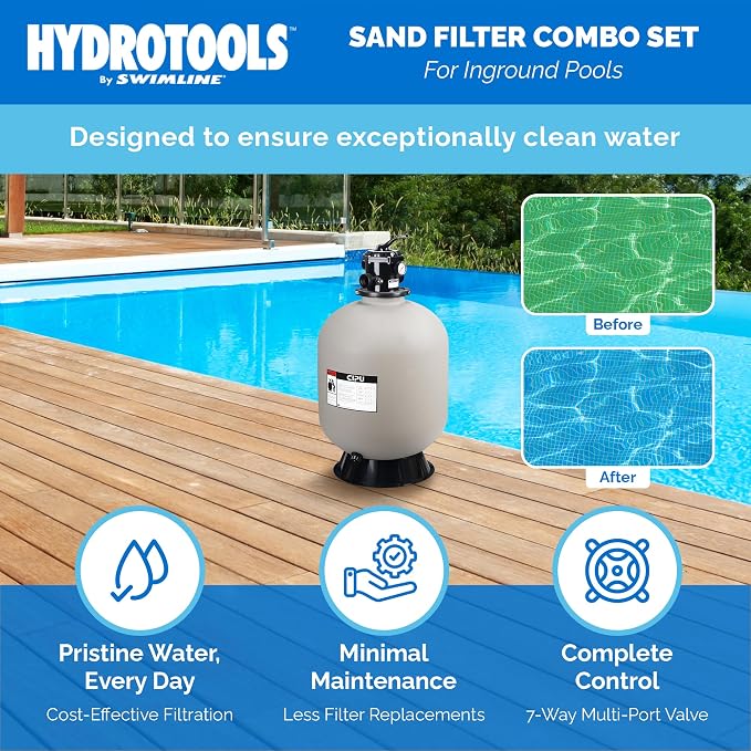 SWIMLINE HYDROTOOLS Sand Filter Combo Set, 31" Tank Only - for Inground Pools Up to 47,000 Gallons, 7-Way Multi-Port Valve, Base Stand, 2" Fittings, 500 lb Capacity
