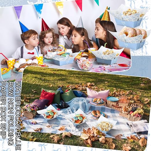 Geosar 100 Pcs Coquette Bow Paper Food Trays Bulk Bow Party Supplies Birthday Decor Disposable Food Boat Trays with Wax Paper Sheet Wrapping for Wedding Bridal Party Supplies(Blue)