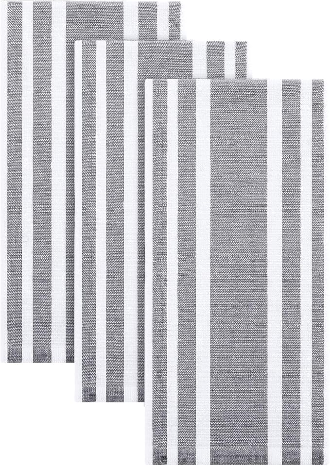 Homaxy Premium Kitchen Towels 18”x 28”, Large Cotton 380 GSM Kitchen Hand Towels, Stripe and Terry Dish Towel, Highly Absorbent Tea Towel Set with Hanging Loop, 3 Pack, Grey