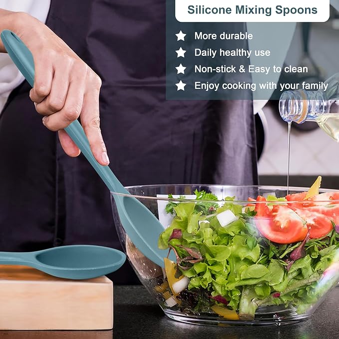 E-far Silicone Cooking Spoon Set of 2, Heat Resistant Kitchen Spoons Utensils Nonstick Mixing Spoon for Baking Stirring Serving, Non-Toxic & Dishwasher Safe (Blue)