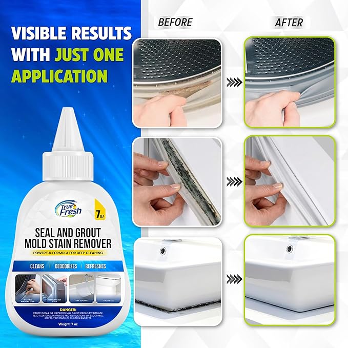 True Fresh Washing Machine Cleaner Descaler Tablets 15 Pack - Heavy Duty Mold Stain Remover Gel – Deep Cleaning Kit for HE Front & Top Load Washers, Seals, Grout, Shower Caulking, Tiles & More
