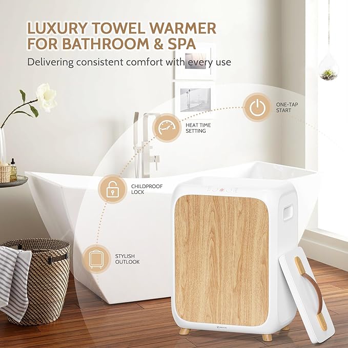 Keenray Towel Warmer Bucket, Luxury Rectangle Towel Warmer for Bathroom with Timer & Delay, Customized Fragrance, Child Lock, Fits 2 Large Towels, Blankets, Bathrobes, Ideal Gift for Him & Her(Wood)