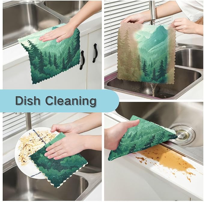 Mountain Forest Trees Green 02 Kitchen Towels Dish Cloths Set of 6 Microfiber Cleaning Cloths for Cars Super Absorbent Machine