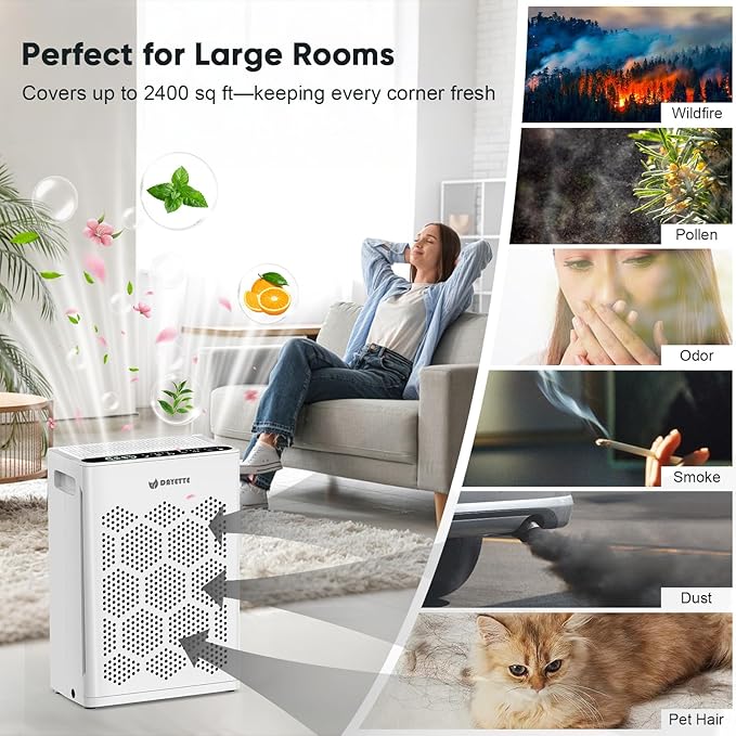 Air Purifier for Home Bedroom Large Room Up to 2400 Ft², H14 HEPA Filter Air Cleaner with Washable Pre-Filter, Aromatherapy, AQI Display, Pet Mode for Pets, Allergies, Dust, Pollen