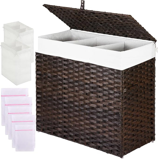 Greenstell Laundry Hamper with Lid, 125L Wicker Laundry Baskets with 2 Removable Liner Bags & 5 Mesh Laundry Bags, Handwoven Rattan Clothes Hamper with Handles for Clothes in Bathroom, Bedroom