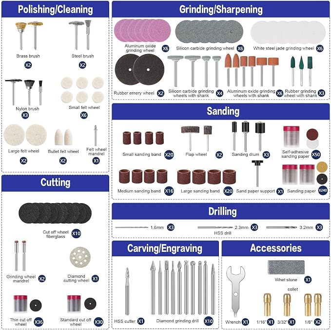 HARDELL 508PCS Rotary Tool Accessories Kit for Sanding Cutting Polishing | 508PCS Accessories · 1/8" Shank · Multi-Size Collets · Sanding Cutting Polishing · Organized Case