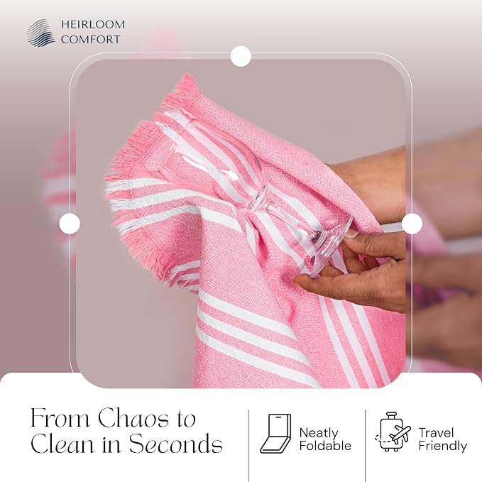Rose Pink Monochrome Stripe Kitchen Towels 12 Pack, 16x26 Inch, 100% Cotton, Super Absorbent & Quick Dry, Durable, Fringed Dish Towel for Drying Dishes, Washable, Everyday Use