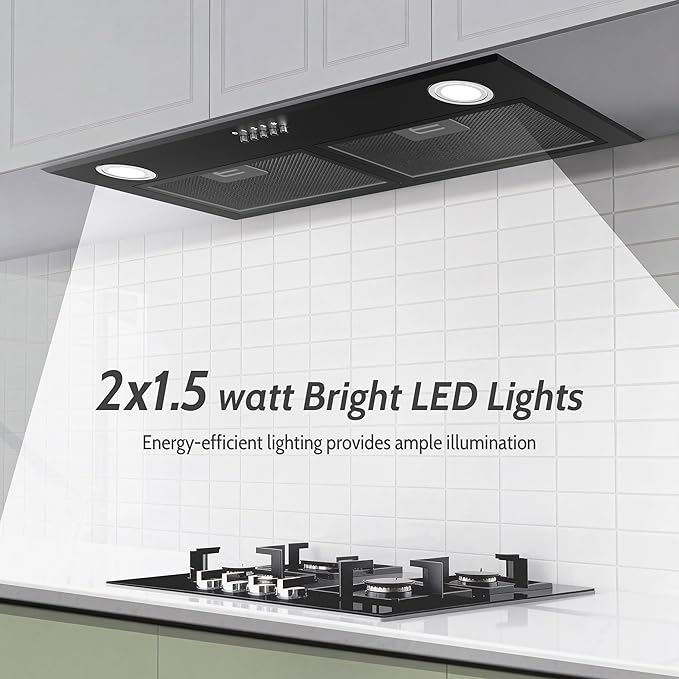 FIREGAS Black Range Hood 28 Inch, Built-in Kitchen Vent Hood with 450 CFM, 3 Speed Exhaust Fan, 2 LED Lights & Button Control, Ducted/Ductless Convertible