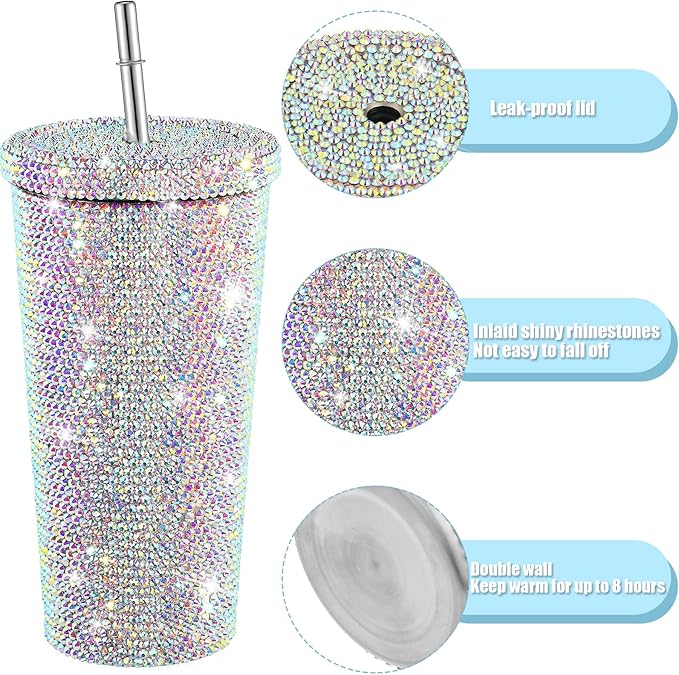 Mimorou Studded Bling Diamond Tumbler Glitter Water Bottle with Lid Stainless Steel Vacuum Thermal Straw Rhinestone Tumbler with 1 Pcs Cup Brush 6 Pcs Straw Brushes for Women(23.67 oz,AB Color)