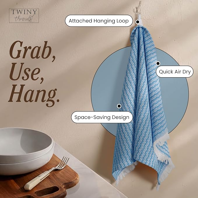 TWINY threads Kitchen Dish Towel Chevron Weave, Large Premium 100% Cotton Kitchen Linen Set, Absorbent Dish Rags for Drying Dishes, Quick Drying Washable Reusable, 4 Pack, 16x26 Inch, Turquiose Blue