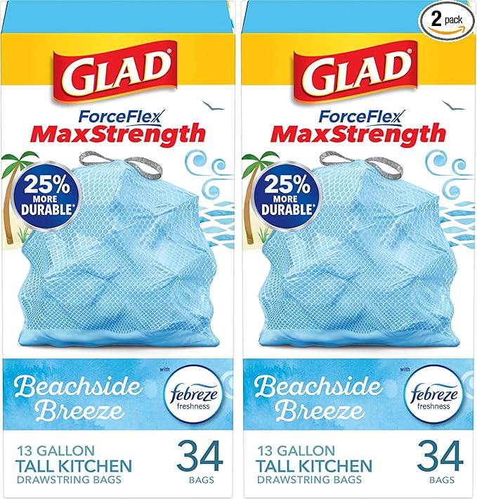 Glad Trash Bags, 13 Gallon, 34 Count (Pack of 2) | ForceFlex MaxStrength | Tall Kitchen Drawstring | Beachside Breeze Scent