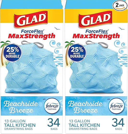 Glad Trash Bags, 13 Gallon, 34 Count (Pack of 2) | ForceFlex MaxStrength | Tall Kitchen Drawstring | Beachside Breeze Scent