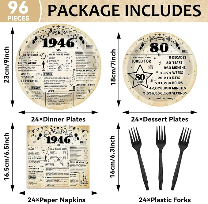 CHUNNIN 96Pcs 80th Birthday Plates and Napkins Back in 1946 Party Decorations Vintage 80 Year Old Party Dessert Plates 1946 Birthday Tableware for 24 Guests 80th Theme Men Woman Bday Parties Supplies