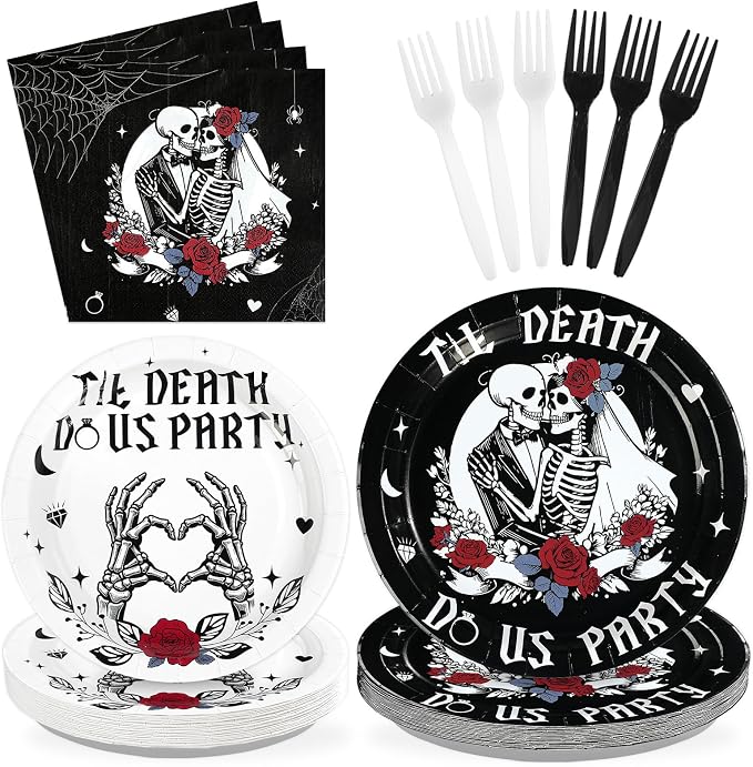 96Pcs Till Death Party Decorations Till Death Do Us Gothic Bachelorette Paper Plates and Napkins Bride or Die Decorations for Gothic Wedding Bachelorette Romantic Skeleton Party Supplies Serves 24