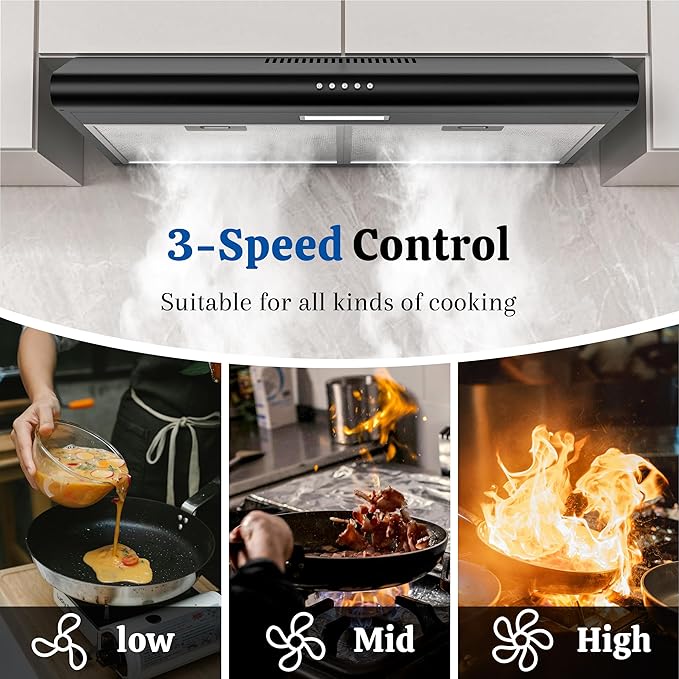 FIREGAS Under Cabinet Range Hood 30 Inch Black, Ducted/Ductless Convertible Kitchen Vent Hood with 250 CFM, 3-Speed Fan & LED Lights for Stove Ventilation