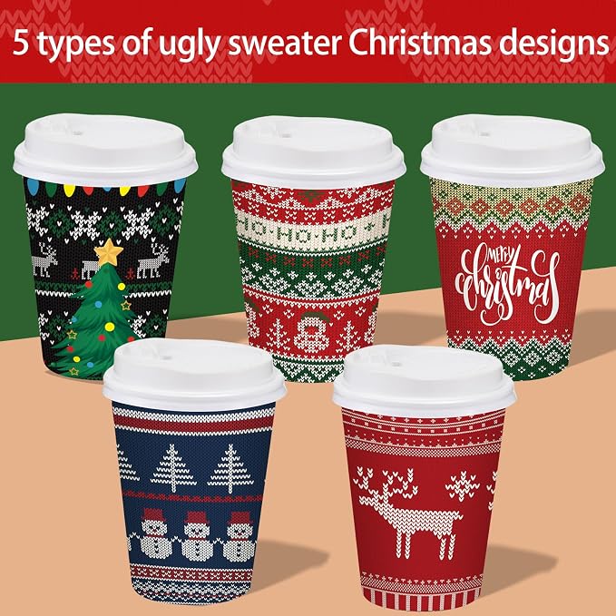 Gerrii 100 Set Christmas Paper Cups Disposable 12 oz with Lids Hot Chocolate Cups Coffee Cups Holiday Hot Cups for Hot and Cold Drinks Tea Water Bar Supplies Winter Season (Ugly Sweater Style)