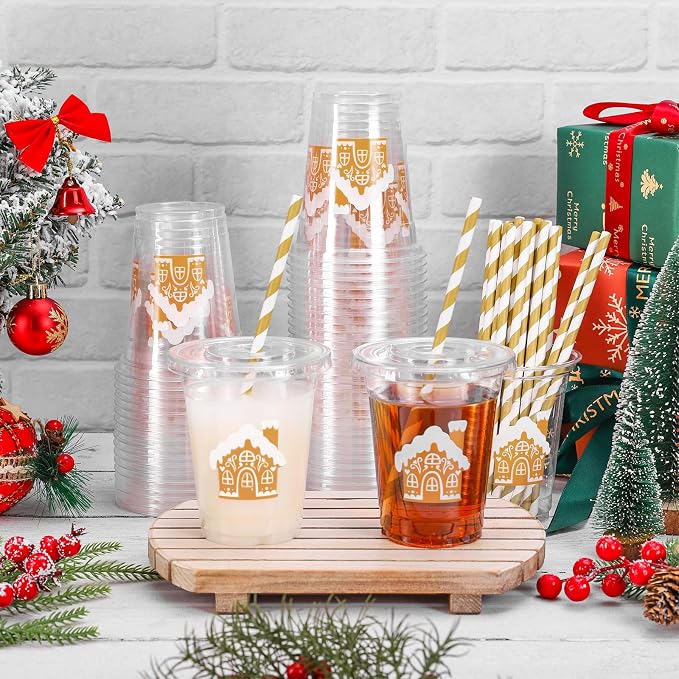 Whaline 50 Pcs 12 Oz Christmas Disposable Plastic Cups with Lids and Straws Gingerbread House Cold Beverage Drinking Cups for Winter Xmas Birthday Party Supplies