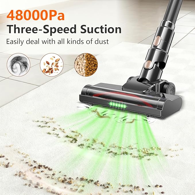 Cordless Vacuum Cleaner, 600W 55KPA 60Mins Vacuum Cleaners for Home,Anti-tangle Wireless Vacumm,Rechargeable Vacuum With Green Light,Powerful Stick Vacuum for Carpet/Hardwood Floors,Pet Hair,Black