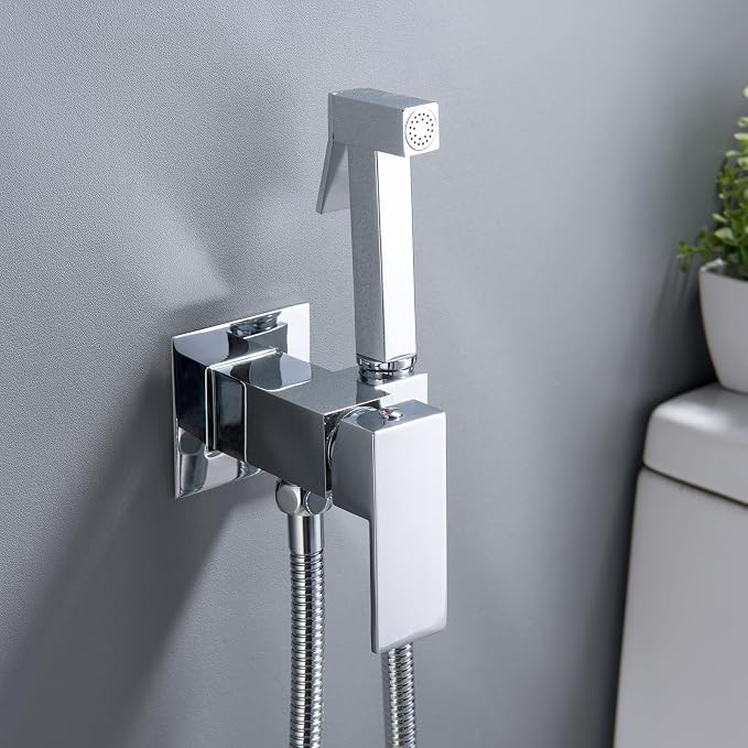 SHAMANDA Warm Water Bidet Sprayer for Toilet with Hot and Cold Brass Rough-in Valve, Stainless Steel Handheld Bidet Attachment Set for Feminine, Pets and Baby Diaper Wash, Chrome Polished, BDS08-1