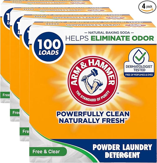 ARM & HAMMER Powder Laundry Detergent, Free of Perfume and Dyes, 100 Loads (Pack of 4)