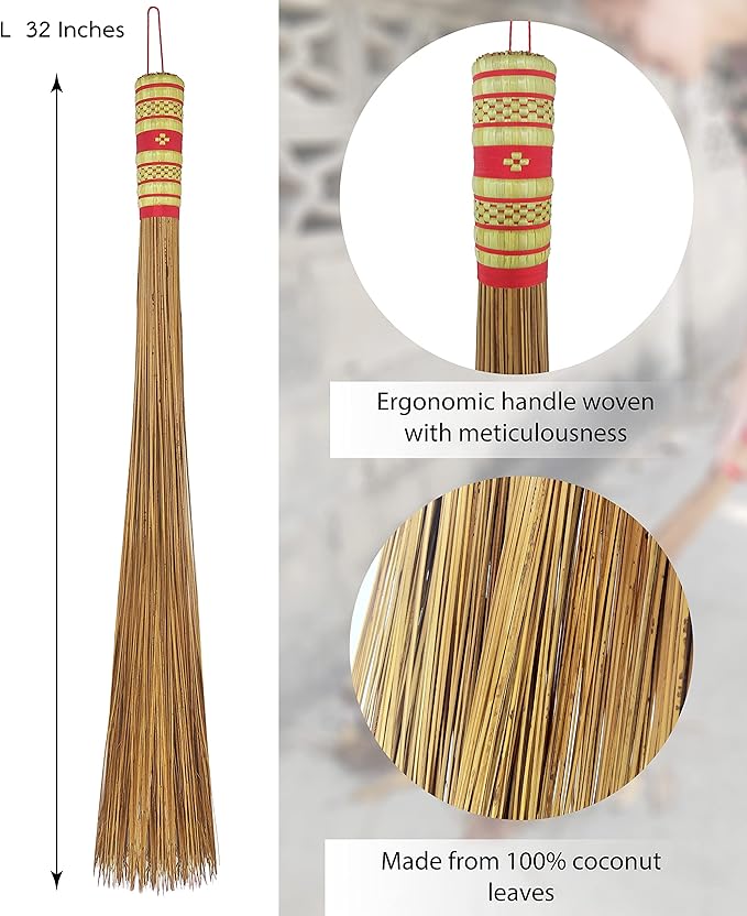 32 inch Multi-Surface Sturdy Outdoor Authentic Coconut Leaf Broom Asian Heavy Duty Broom Thai Natural Coconut Leaf Broom (Country Rustic) 1 Piece