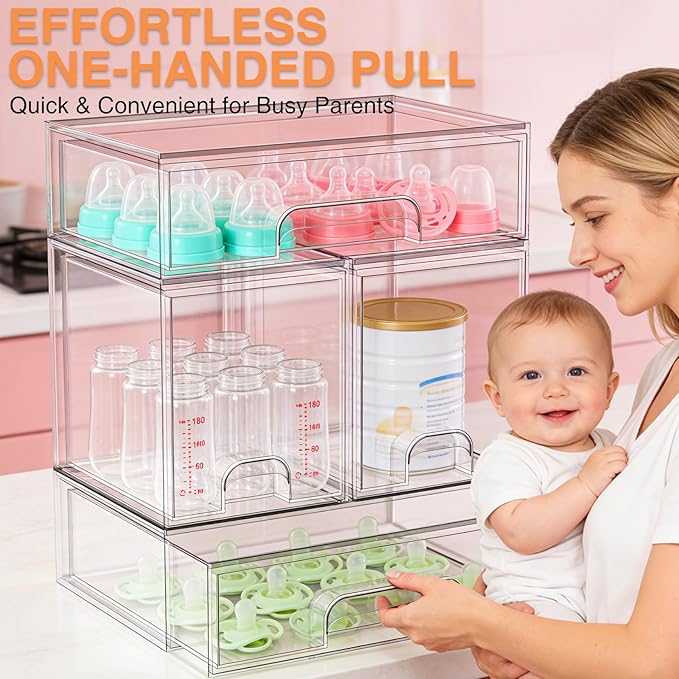 TOOGE Stackable Baby Bottle Organizer: Acrylic Bottle Organizer Baby Storage Drawers Clear Bottle Station Organization for Countertop Cabinet Vanity with 4 in 1 Cup Lid Cleaning Brush & Label - Wide