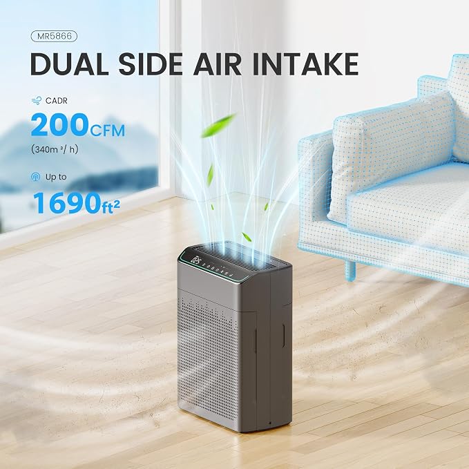 MERONTE Air Purifiers for Home Large Room Up to 1690 ft² with PM 2.5 Air Quality Monitor, Wi-Fi and Alexa compatible, HEPA Filter Double-sided Air Inlet for Smoke and Odor, 1 Pack+2 Pack Filters Grey