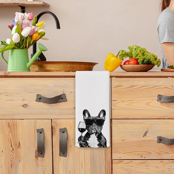 Funny French Bulldog Wine Kitchen Towels, Gifts for Dog Wine Lovers, Bar Accessories Dish Tea Towels for Kitchen, Dog Owners Housewarming Gift Decorative Hand Towel 16x24 Inch