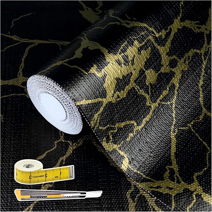 2-Layer Drawer and Shelf Liner for Kitchen Cabinet: 12in X 20Ft Non Slip Waterproof Shelf Paper Non Adhesive Refrigerator Liners Black/Gold Marble Easy Liners for Bathroom with Knife Tape Measure