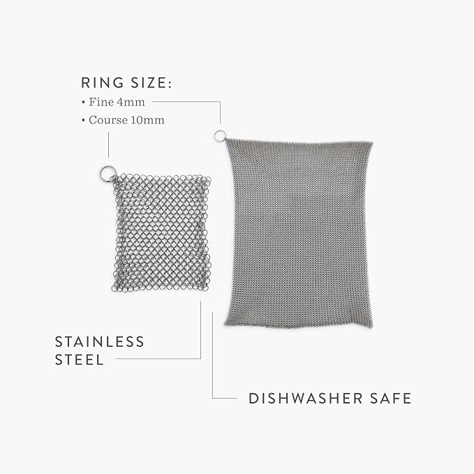 Barebones Fine Stainless Steel Cleaning Mesh Scrubber - Cast Iron Cleaner - Grill Accessories, Scrub Brush, Cast Iron Brush, Chainmail Skillet Cleaner