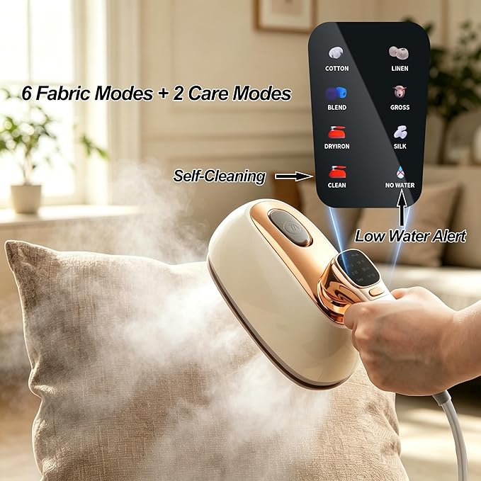 Garment Steamer for Clothes 1400W Portable Travel Steamer 180°Rotating Handle lancha a Vapor Para Ropa with LCD Display Handheld Wrinkle Remover, 260mL Water Tank, 8 Steam Models, Beige