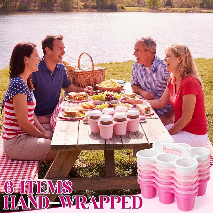 Suclain 6 Pcs Caddy Storage Basket with Handle, Plastic Drink Cup Caddy Holder, 6 Compartments for Table, Office, Arts, Crafts, Crayon, Marker, Pencil(Pink)