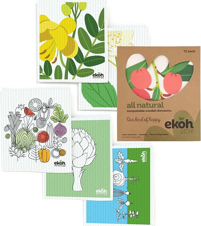 EKOH Swedish Dishcloths for the Kitchen - 12 Pack Cleaning Cloths for the Home - 100% Biodegradable Dish Cloths a Paper Towel and Plastic Sponge Alternative (Scandi Botanical, Scandinavian)