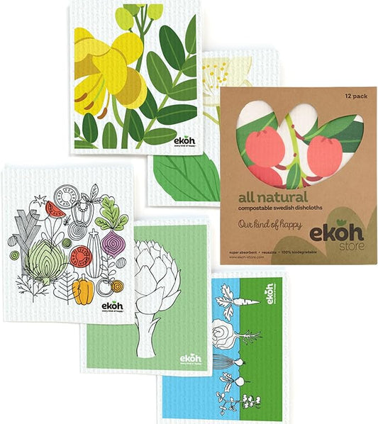 EKOH Swedish Dishcloths for the Kitchen - 12 Pack Cleaning Cloths for the Home - 100% Biodegradable Dish Cloths a Paper Towel and Plastic Sponge Alternative (Scandi Botanical, Scandinavian)