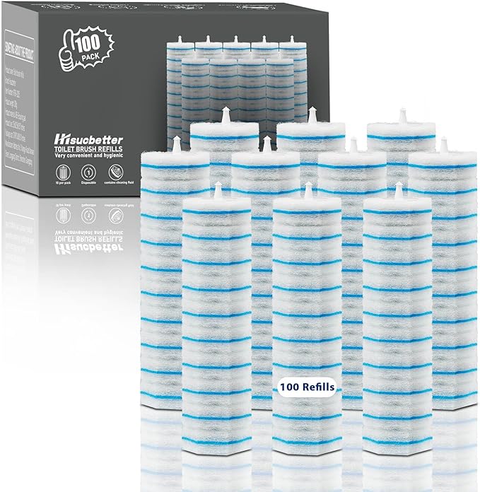 100 Pack Disposable Toilet Brush Heads, Toilet Bowl Wand Refills, Toilet Cleaning System Replacement, Refill for Most Toliet Wands, Prefilled 2X Cleaning for Deep Scrub of Toilets.