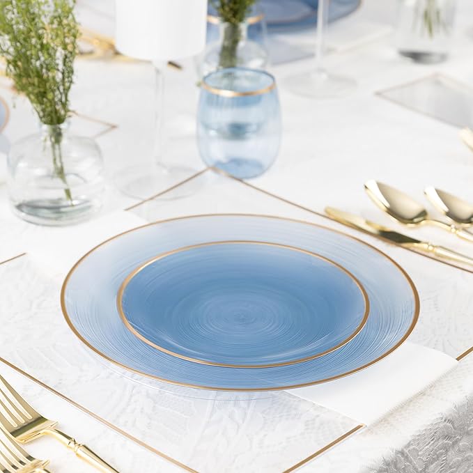 PLASTICPRO 64 Pieces Crystal Design Plastic Plates Combo Pack 7 inch and 10 inch Gold Rim Elegant Disposable Plates, Transparent Blue