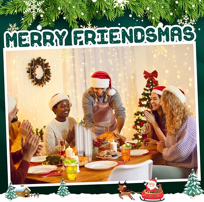 Potchen 50 Pack 12 oz Plastic Merry Friendsmas Cups Disposable Clear Christmas Cups for Christmas Friendsmas Party Decorations Supplies Xmas Holiday Office Home Tableware