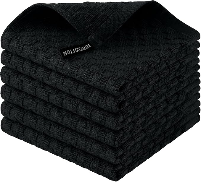Homaxy 100% Cotton Terry Kitchen Dish Cloths, Ultra Soft Absorbent Dish Towels with Hanging Loop, Pineapple Grid Designed, 12 x 12 Inches, 6-Pack, Black