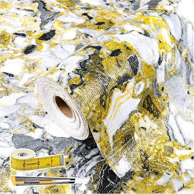 Drawer and Shelf Liner - Yellow Black Marble Pattern,Non Adhesive Non Slip Waterproof Easy-Clean Liner for Kitchen Cabinet, Refrigerator, Bathroom, Pantry Storage Drawers, 17 in x 30 Ft