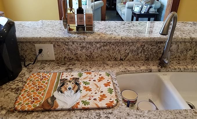 Caroline's Treasures Sable Collie Heirloom Fall Dish Drying Mat Absorbent Dish Drying Mat Pad for Kitchen Counter Dish Drainer Mat for Countertop, 14 x 21", Multicolor