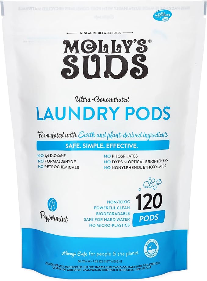 Molly's Suds Peppermint Laundry Detergent Pods (120 Loads) & XL Wool Dryer Balls (White) Bundle