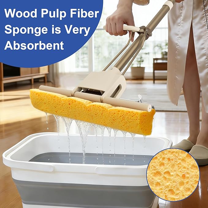 LILAC Cellulose Sponge Mop with 2 Replacement Heads, 4-Color Handle Choices for Zoned Cleaning, Super Absorbent Pop Up Roller Mop for Hardwood,Laminate Floors, Heavy Duty Floor Scrubber (Blue)